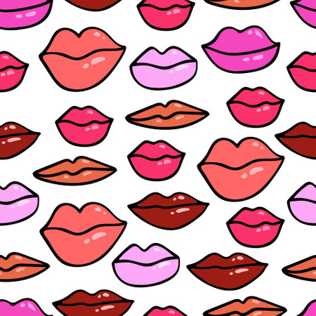 Hand drawn vector female lips of different shapes seamless vector pattern. Highlight lips in doodle styleのイラスト素材