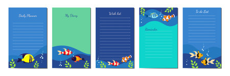 Personal diary templates decorated with sea fish. Vector cartoon design, cute exotic sea fish and seaweedのイラスト素材