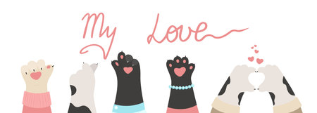 Horizontal banner with cat paws, heart finger gestures, vector flat illustration. Funny paws of animalsのイラスト素材