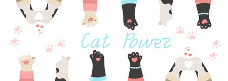 Horizontal banner with cat paws, heart finger gestures, vector flat illustration. Funny paws of animalsのイラスト素材