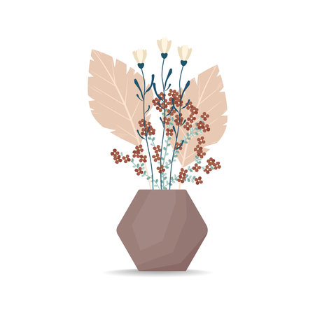 A bouquet of flowers in a vase. Vector illustration in flat style, boho. Blooming carnation flowers, decorative leavesのイラスト素材