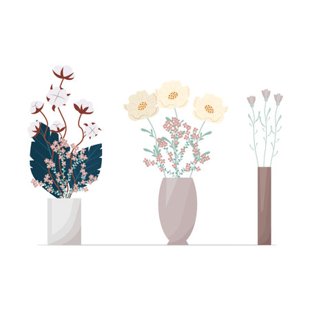 Set of flowers in boho style vases. Composition of flowers vector illustration. Bouquets of tricots, cotton, various decorative leaves and twigsのイラスト素材