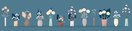 A large set of flowers in boho style vases. Composition of flowers vector illustration. Bouquets of tricots, cotton, various decorative leaves and twigsのイラスト素材
