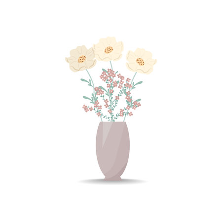 Bouquet of flowers in a vase. White poppies. Vector illustration in flat style, boho. Blooming carnation flowers, decorative leavesのイラスト素材