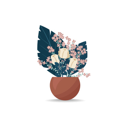 Bouquet of roses in a vase. Blooming flowers to decorate the room. Vector illustration in flat, boho style.のイラスト素材