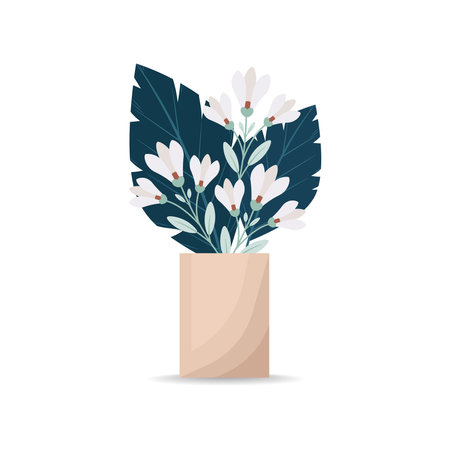 A bouquet of blooming lilies and large decorative leaves in a vase. A bouquet of flowers in a vase. Vector illustration in flat style, boho.のイラスト素材