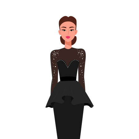 A lady in a black evening dress with a bun hairstyle. Modern stylish woman. Vector illustration in flat styleのイラスト素材