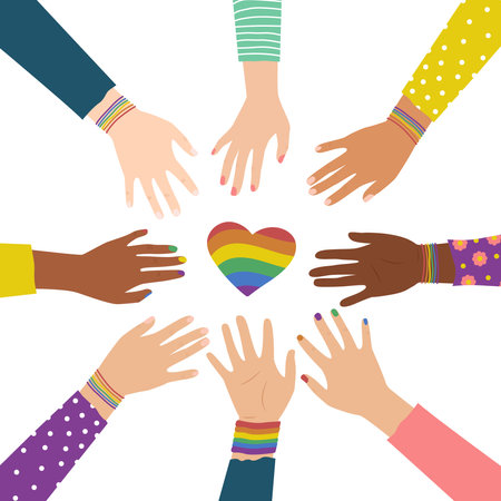 LGBT Pride Month Multiracial hands with hearts, Multiracial hands in a circleのイラスト素材