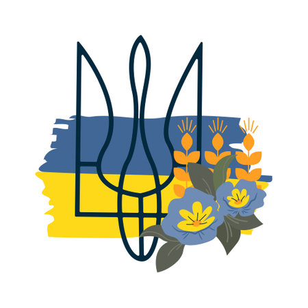Emblem of Ukraine on the background of yellow and blue flag decorated with flowers on white background, Vector illustrationのイラスト素材