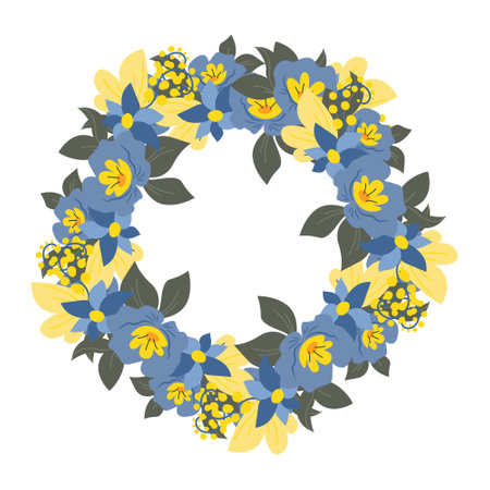Wreath frame flowers in yellow and blue. Vector illustration of an isolation. Ukrainian national colorsのイラスト素材