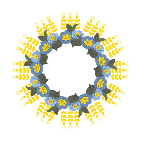 Wreath frame made of spike and flowers in yellow and blue. Vector illustration of an isolation. Ukrainian national colorsのイラスト素材