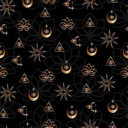 Golden esoteric symbols on a black background seamless pattern. Moon star sun astrological signs,...
