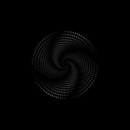 Halftone dots in spiral form. round logo. vector dotted frame. Twirl design concentric circles geometric element, abstract representation of technological camera shutter concept, isolated on blackのイラスト素材