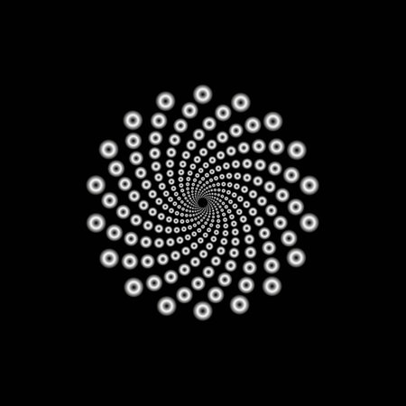 Vortex of points swirled to the center diminishing in perspective. Abstract logo design. Digital geometric design element isolated on blackのイラスト素材