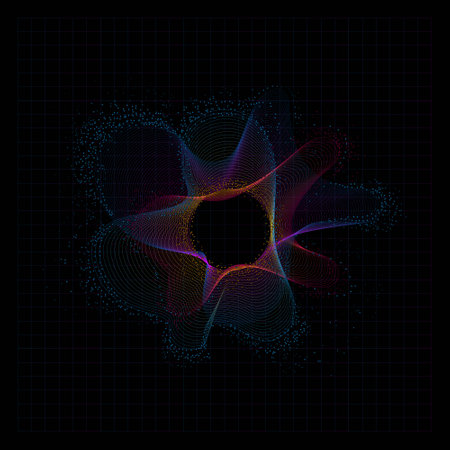 Dark abstract background with glowing wavy tunnel. Shiny moving lines design element. Futuristic technology concept. Modern purple blue gradient smooth wave lines. Vector illustrationのイラスト素材