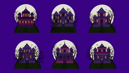 Scary houses of the castle with a cemetery on the background of a full moon. Halloween houses set. Vector illustrationのイラスト素材
