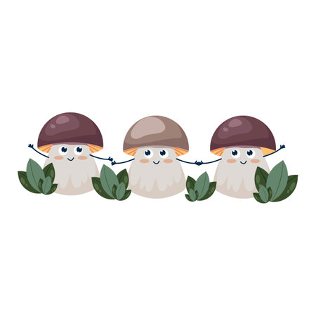 Funny boletus mushrooms with faces, childrens cartoon character. Edible and inedible mushrooms, vector illustrationのイラスト素材