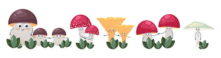 Set Funny mushrooms with faces, Childrens cartoon characters Edible and inedible mushrooms, Vector illustrationのイラスト素材
