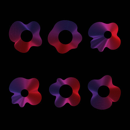 Set Circle of sound waves. Neon round music sound wave for equalizer. Radial sound wave curve with light particles. Clipart of colorful radio frequency sound lines. Vector illustrationのイラスト素材