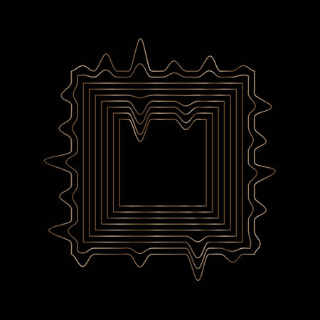 Square abstract gold frame, linear wavy geometric shape object on black background. Vector illustrationのイラスト素材