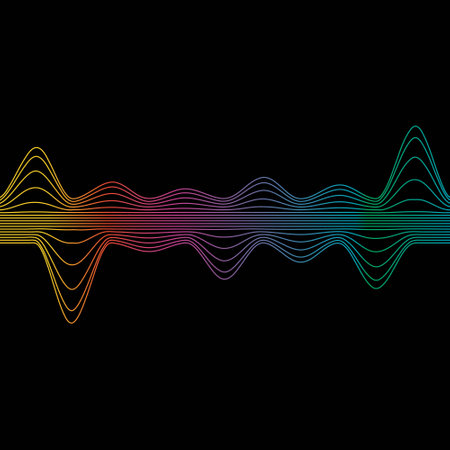 Sound wave rainbow wavy line gradients. Radio frequency. Abstract geometric shape on a black background. Vector illustrationのイラスト素材