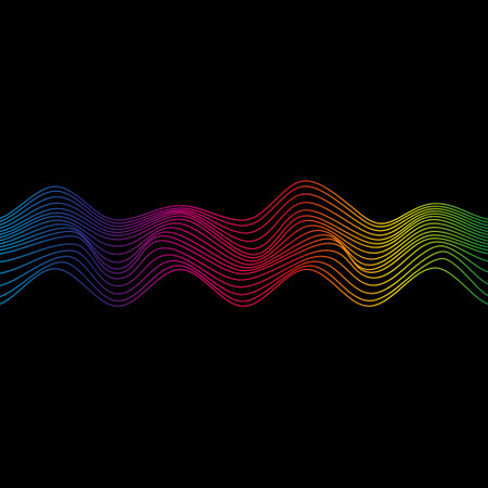 Sound wave rainbow wavy line gradients. Radio frequency. Abstract geometric shape on a black background. Vector illustrationのイラスト素材