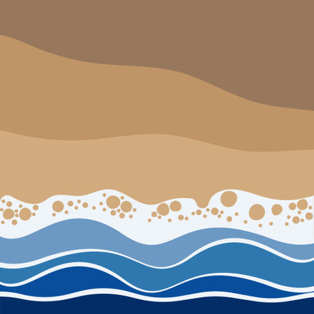 Sea waves sandy shore top view. Summer beach background vector templateのイラスト素材
