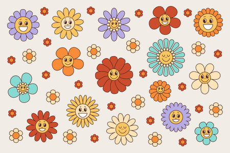 Rhetor groove flowers smile set 1970 style, Vintage collection of flowers with faces cute children stickers, Vector icons 60のイラスト素材