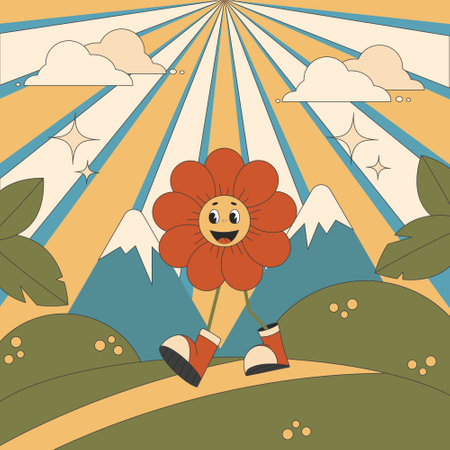Groovy retro poster flower cute character walk in nature. Vector illustration poster in retro hippie style of the 1970sのイラスト素材