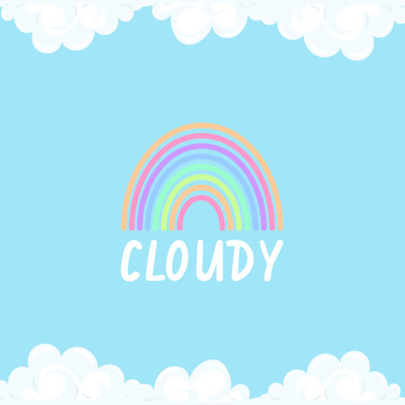 Background cartoon rainbow between the clouds. The blue sky is framed by white clouds. Vector childrens patternのイラスト素材
