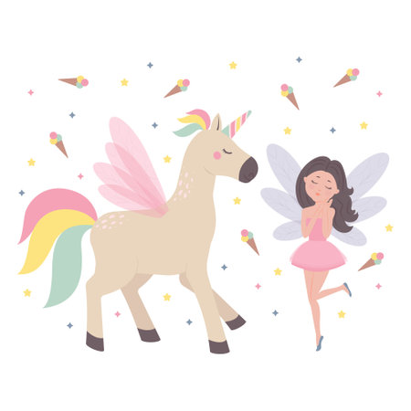Cute flying fairy and unicorn are childrens fairy tale characters. Flat cartoon vector illustrationのイラスト素材