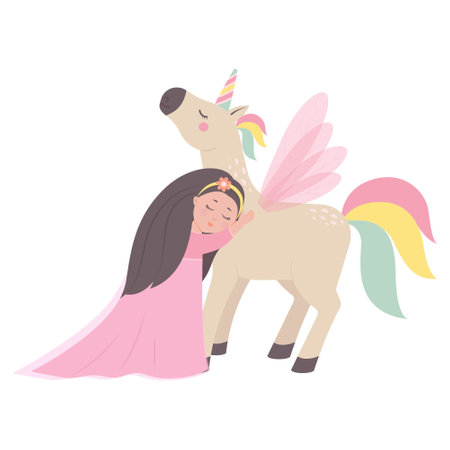 The princess hugs the unicorn cute childrens fairy tale characters. Flat cartoon vector illustrationのイラスト素材