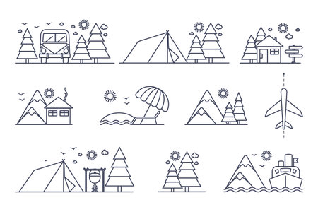 Set of simple travel icons. Vacation hiking in the mountains and resort in nature icon collection. Vector line illustrationsのイラスト素材