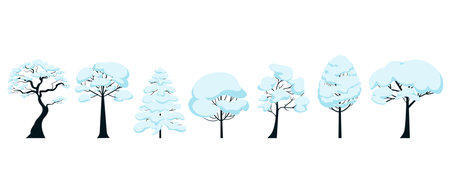 Silhouettes of snowy winter trees of various species. Vector illustration of horizontally placed isolated objectsのイラスト素材
