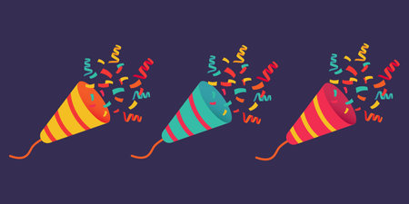 Party Popper colored holiday crackers and confetti. Celebration of fun parties. Vector illustration in flat cartoon styleのイラスト素材