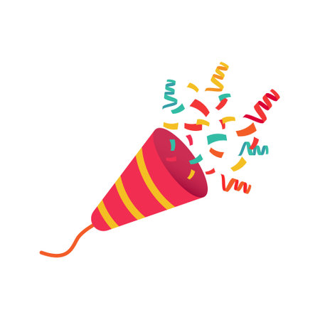Party Popper colored holiday crackers and confetti. Celebration of fun parties. Vector illustration in flat cartoon styleのイラスト素材