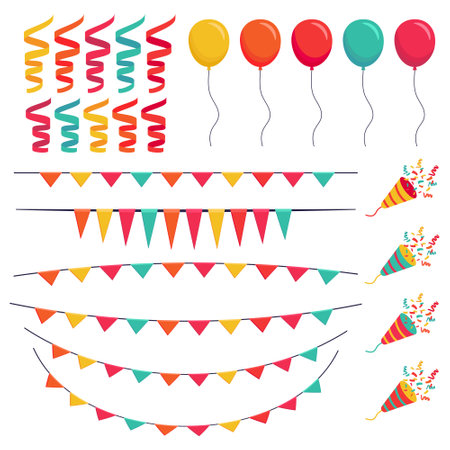 Set of balloons, party popper firecrackers and garland flags. A collection of festive birthday elements. Vector isolated elements in flat cartoon styleのイラスト素材