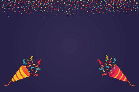 Colored confetti and firecrackers party popper, Vector festive birthday festival banner template, Festive decorations and surprisesのイラスト素材