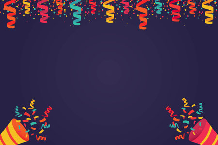 Colored confetti and firecrackers party popper, Vector festive birthday festival banner template, Festive decorations and surprisesのイラスト素材