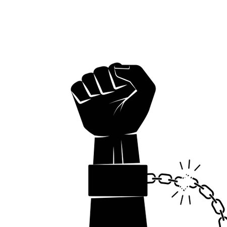 Hand in shackles broken chain. The concept of freedom and human rights. Vector graphic illustration black silhouetteのイラスト素材