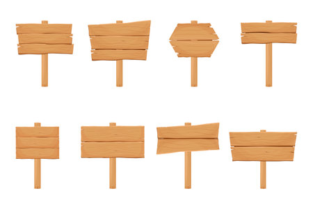 Wooden banners, set of information boards, templates of billboards, rural announcement signs. Vector cartoon collection of wooden texture backgroundsのイラスト素材