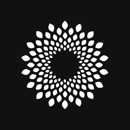 Halftone point vortex on dark. Abstract futuristic digital technology logo element. Vector geometric shapeのイラスト素材