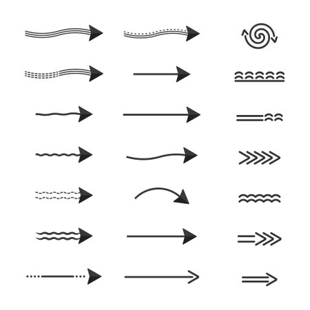 Arrows direction of movement, a set of black arrows of different shapes dotted twisted pointers landmarks. Vector elements isolateのイラスト素材
