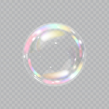 Soap bubble color spectrum on transparent background. Realistic air bubble 3D graphics glare and transparency effect. Vector illustrationのイラスト素材