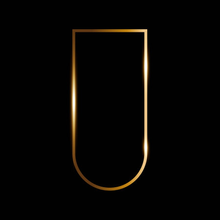 Gold thin art deco frame on black background, Golden linear shape shining particles, minimalistic vintage vector arch geometric shape, shining glareのイラスト素材