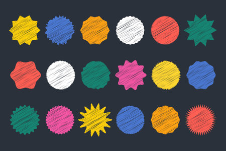 Crayon hand drawing star in cute kid style, Retro coloring child geometric shapes. Vector illustration of signs and stamps or speech bubblesのイラスト素材