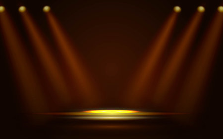 Dark stage illuminated by golden lights and spotlights, Elegant realistic podium illuminated by golden rays, Awards ceremony backgroundのイラスト素材