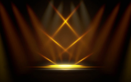 Dark stage illuminated by golden lights and spotlights, Elegant realistic podium illuminated by golden rays, Awards ceremony backgroundのイラスト素材