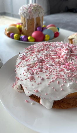 Deliciously decorated cake topped with pink sprinkles,white icing surrounded by colorful Easter eggs