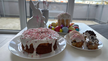 Delicious festive cakes with colorful decorations and a playful bunny figurine on a bright table